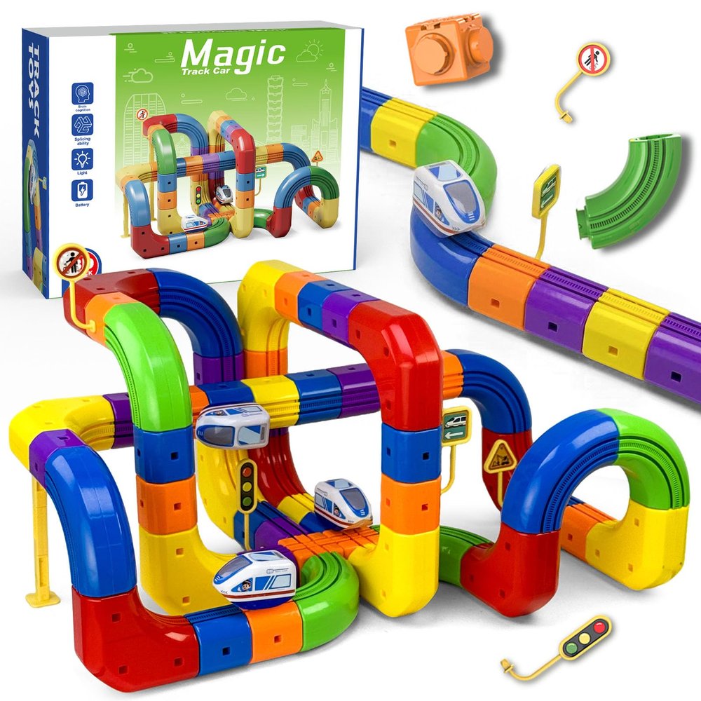 Electric Train Set Flexible Race Track,Motorized Gravity-Defying Vehicle with DIY Flexible Tracks, Boys & Girls Ages 3 4 5 6 7 8, (123PCS)