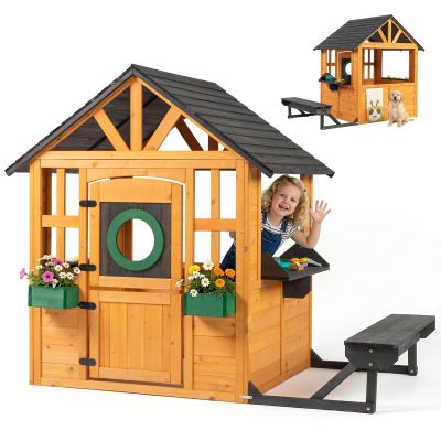 Ktaxon Kids Outdoor Playhouse with Dog Door, Wooden Toddler Outside Play Kitchen W/Picnic Bench, Flower Pot, Cookware & Windows for Garden, Backyard, Indoor Playroom, Ages 3-8 (Natural)