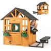 Ktaxon Kids Outdoor Playhouse with Dog Door, Wooden Toddler Outside Play Kitchen W/Picnic Bench, Flower Pot, Cookware & Windows for Garden, Backyard, Indoor Playroom, Ages 3-8 (Natural) view 1
