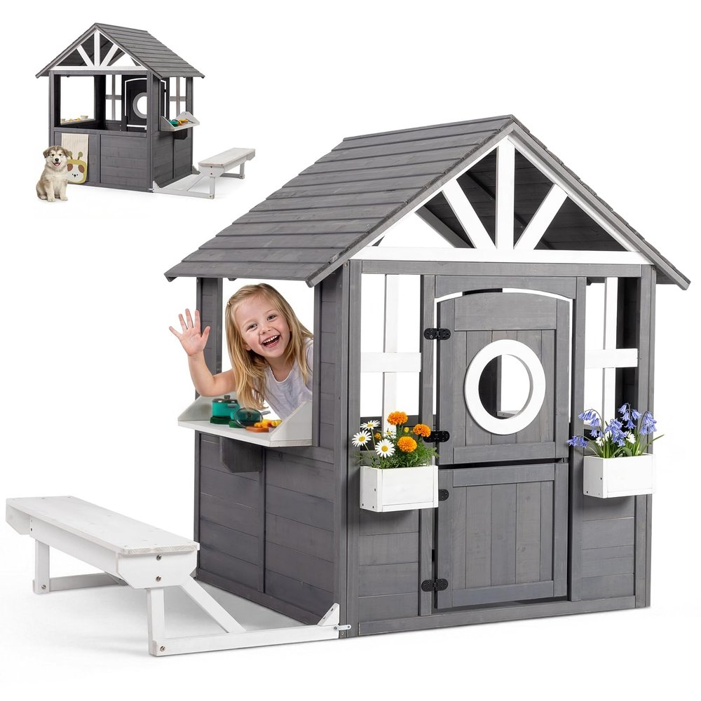 Ktaxon Kids Outdoor Playhouse with Dog Door, Wooden Toddler Outside Play Kitchen W/Picnic Bench, Flower Pot, Cookware & Windows for Garden, Backyard, Indoor Playroom, Ages 3-8 (Grey)