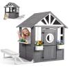 Ktaxon Kids Outdoor Playhouse with Dog Door, Wooden Toddler Outside Play Kitchen W/Picnic Bench, Flower Pot, Cookware & Windows for Garden, Backyard, Indoor Playroom, Ages 3-8 (Grey) view 1