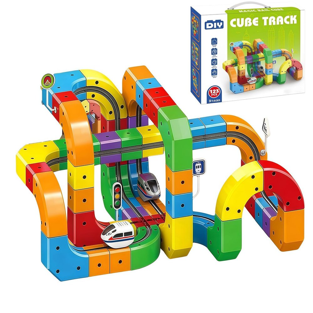 Train Track Fusion Set, 51/81/123Pcs 3D Infinity Train Routes with Mix-and-Match Cubes, DIY Race Car Track Building Kits with Moving Train and Traffic Signs (123pcs)