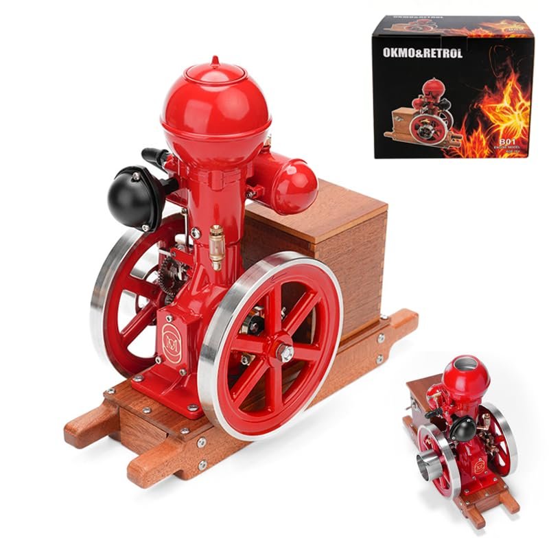 Retrol & OKMO B01 Metal Engine Model, Hit-and-Miss Ball-Top Water-Cooled Single-Cylinder 4-Stroke Internal Combustion Engine with Ignition System and Wooden Display Stand