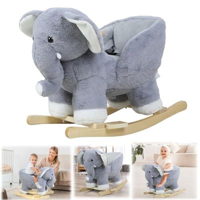 Baby Rocker Chair, Elephant Shape Baby Rocking Horse with Music Sound, Stuffed Plush Ride-on Rocking Horse, Rocking Horse for Toddlers 1-3, with Wooden Base, Ergonomic Handle (Grey)