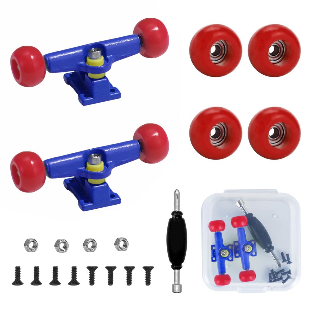 DisplayMore 19PCS Fingerboard Skateboard Bearing Wheels Tool Set, Blue Trucks & Red Spherical Fingerboard Bearing Wheels & Nuts & Screw & Screwdriver