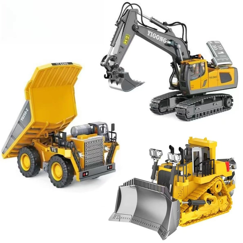 ADTHLIER Remote Control Excavator (11-Channel), Dump Truck, Bulldozer(9-Channel), 2.4GHz Remote Control Construction Vehicles, Metal Construction, with Cool Lights and Sound Effects, 3-Pack