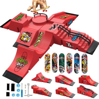 6-in-1 Modular Finger Skateboard Park Ramp Kit, Finger Skateboard Park, Mini Finger Board Skate Training for Fast Tricks & High Jumps, for Indoor Outdoor (Red)