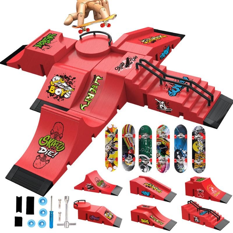 6-in-1 Modular Finger Skateboard Park Ramp Kit, Finger Skateboard Park, Mini Finger Board Skate Training for Fast Tricks & High Jumps, for Indoor Outdoor (Red)