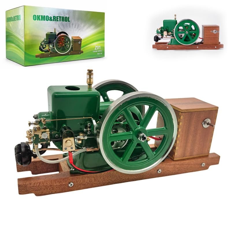 Retrol & OKMO Z01 Metal Engine Model, Hit-and-Miss Throttling Governor Single-Cylinder 4-Stroke Internal Combustion Engine with Ignition System and Wooden Display Stand