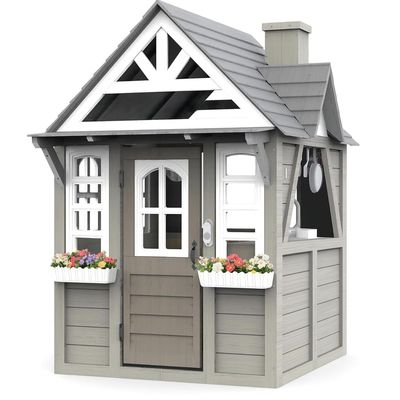 Aivello Kids Outdoor Playhouse, Premium All-Cedar Gray Wooden Kids Playhouse, Indoor/Outdoor Modern Cottage w/Sink, Stove, Cookware Set, Backyard Play House for Children Ages 38 (Gray)