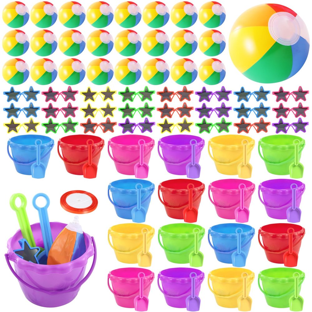 24 Set Summer Pool Party Favors End of Year Students Gift from Teacher Bulk Beach Bucket and Shovels Beach Ball Sunglasses Set Preschool Kindergarten Graduation Gifts for Kids (Scalloped)