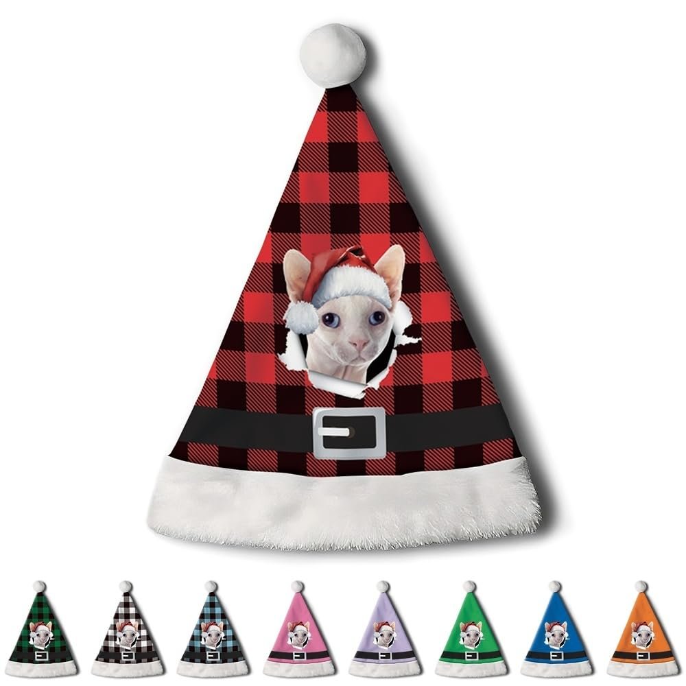 CafeTime Custom Sphynx Cat Santa Hat for Adutls Christmas Hats Headwear Unisex Holiday Comfort Velvet Xmas Hat for New Year Festive Party 33