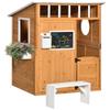 Kids Wooden Outdoor Playhouse with Door, Windows, Mailbox, Bench and Flower Pot Holder for Backyard Fun view 1