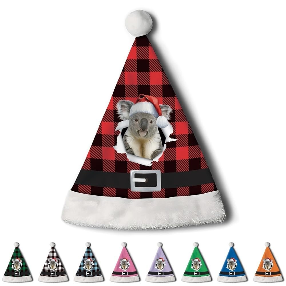 CafeTime Custom Koala Santa Hat for Adutls Christmas Hats Headwear Unisex Holiday Comfort Velvet Xmas Hat for New Year Festive Party 18