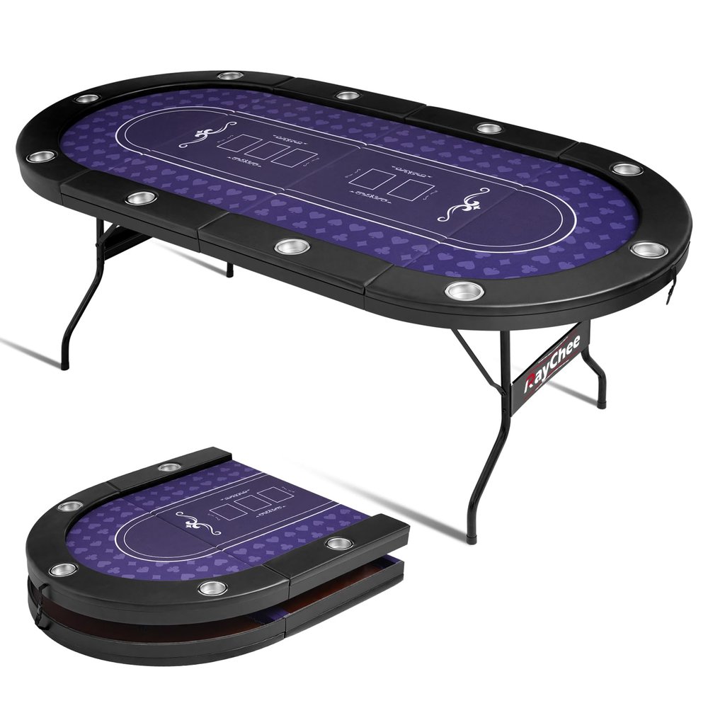 REAHOISY 84 Inch Poker Table Foldable, 10 Player Casino Leisure Game Poker Table, Folding Texas Holdem Blackjack Table with Padded Rails & Cup Holders for Home Game Room