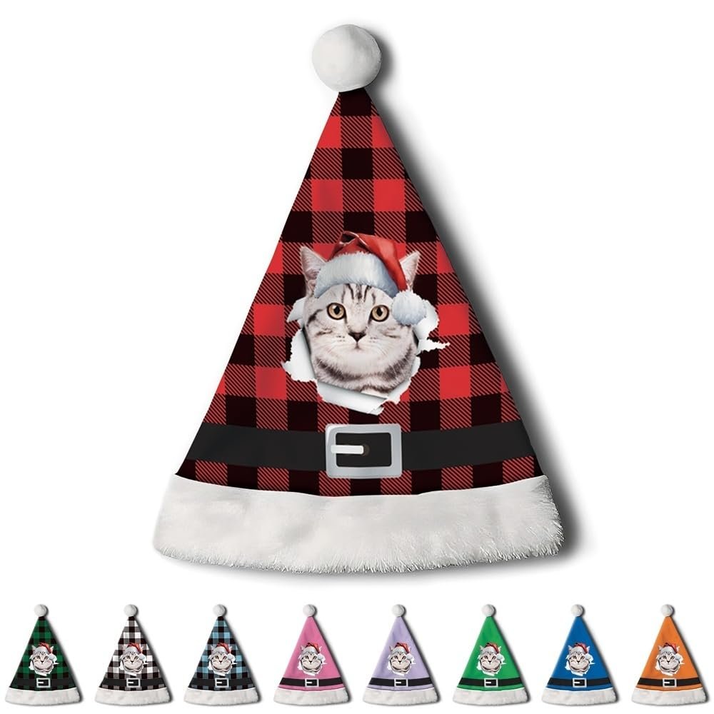 CafeTime Custom American Shorthair Cat Santa Hat for Adutls Christmas Hats Headwear Unisex Holiday Comfort Velvet Xmas Hat for New Year Festive Party 26