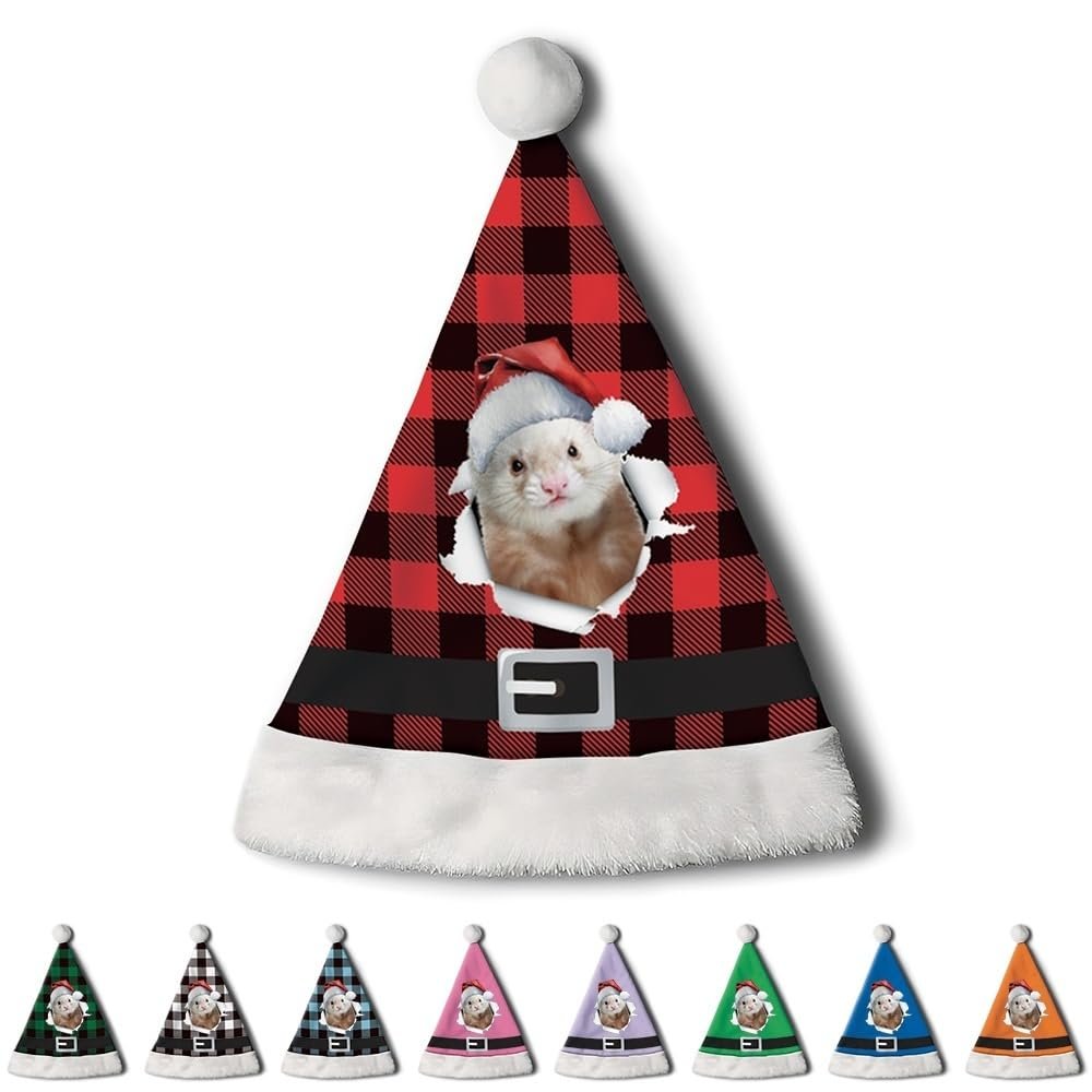 CafeTime Custom Ferret Santa Hat for Adutls Christmas Hats Headwear Unisex Holiday Comfort Velvet Xmas Hat for New Year Festive Party 37