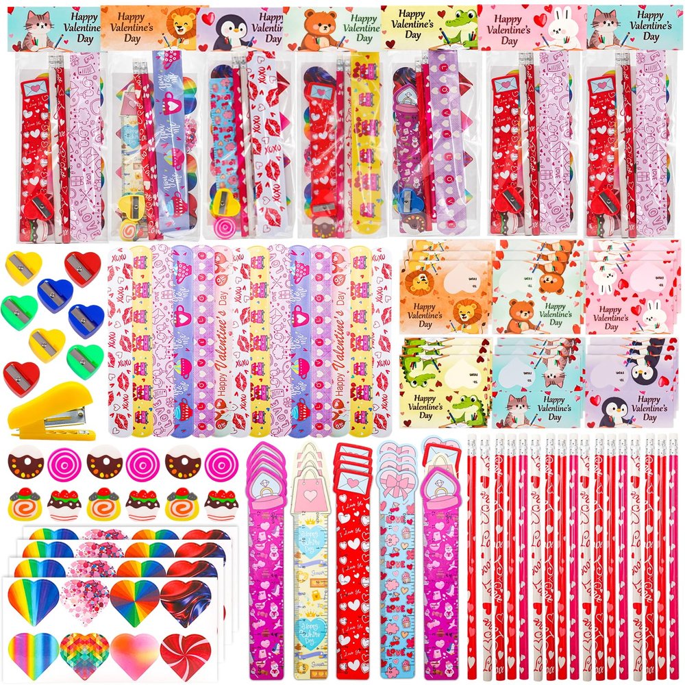28 Pack Valentine's Day Stationery Set with Cards-Valentines Gifts for Kids, Classroom Exchange Party Favors, Goodie Bag Fillers, Includes Pencils, Rulers, Erasers, Stamps, Sharpeners & Stickers