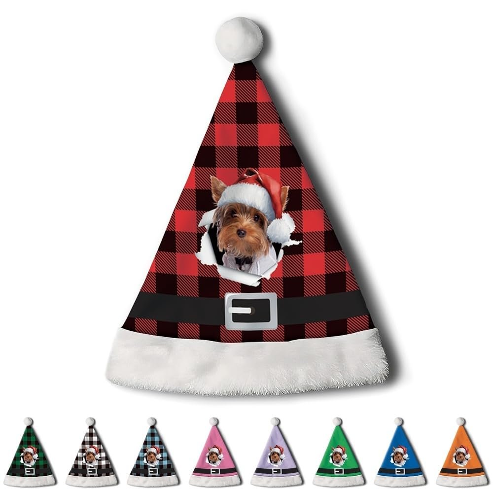 CafeTime Custom Yorkshire Terrier Dog Santa Hat for Adutls Christmas Hats Headwear Unisex Holiday Comfort Velvet Xmas Hat for New Year Festive Party 42