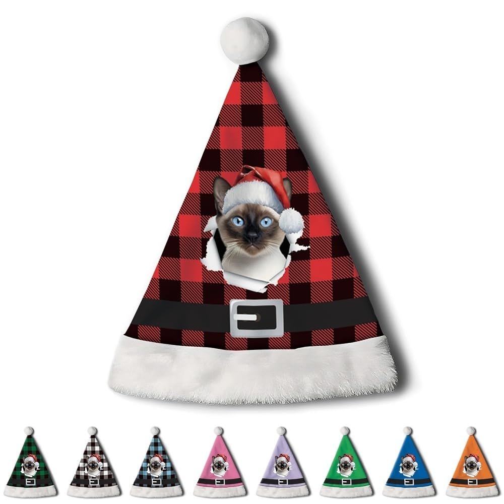 CafeTime Custom Siamese Cat Santa Hat for Adutls Christmas Hats Headwear Unisex Holiday Comfort Velvet Xmas Hat for New Year Festive Party 36
