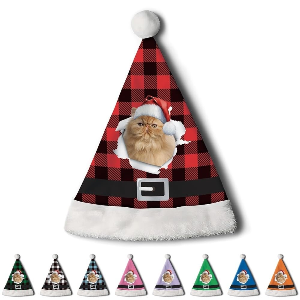 CafeTime Custom Persian Cat Santa Hat for Adutls Christmas Hats Headwear Unisex Holiday Comfort Velvet Xmas Hat for New Year Festive Party 3
