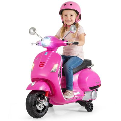 Licensed Vespa 12V Kids Motorcycle by INFANS with Training Wheels, Music, Story, Horn, Lights for 3-6 Years (Pink)