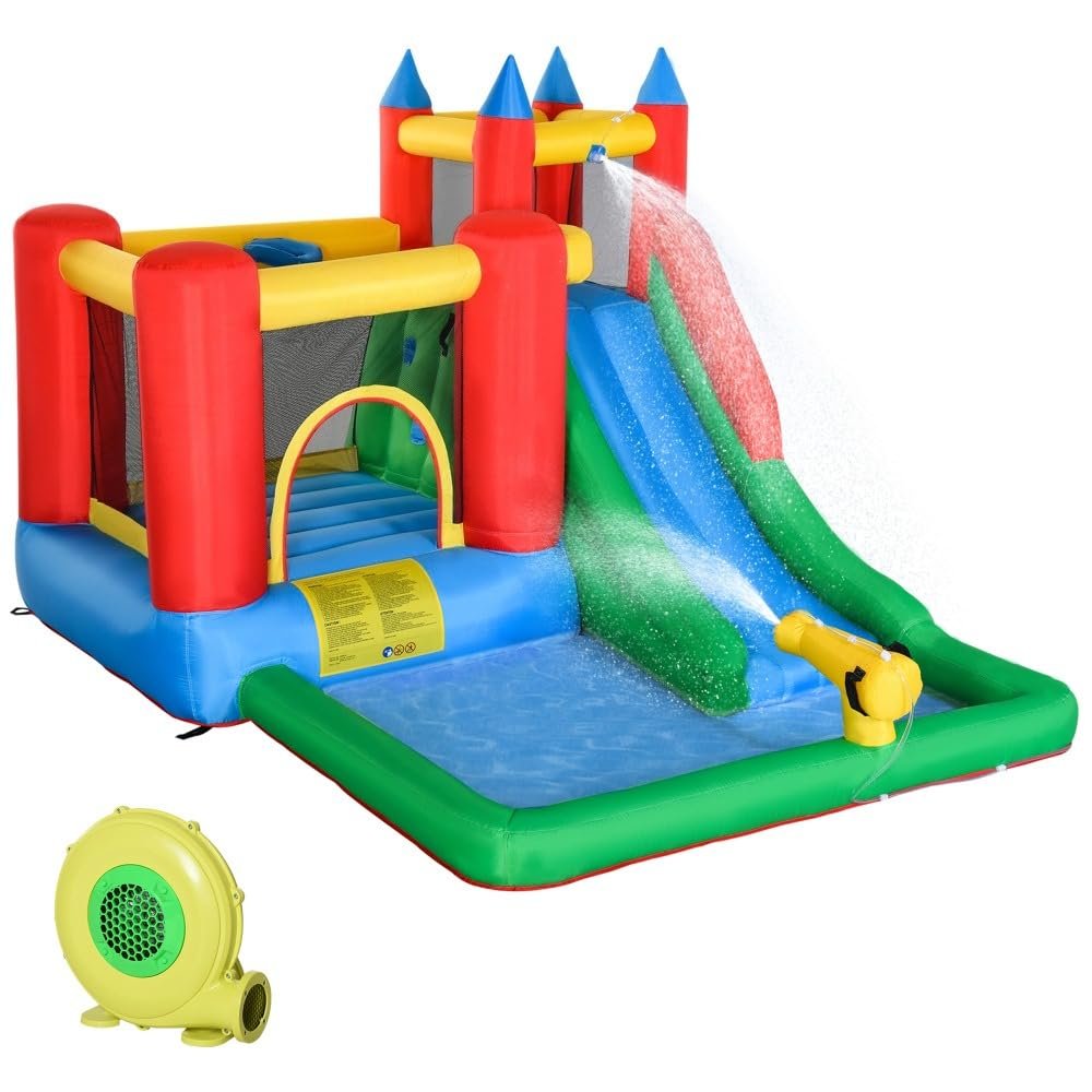 6-in-1 Inflatable Bounce House with Water Slide Pool for Kids Outdoor Backyard Play