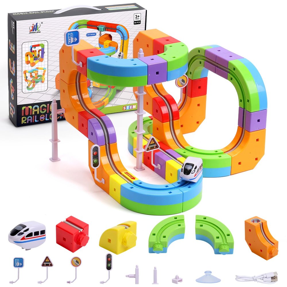 Electric Train Set for Kids,3D Infinity Flexible Track, DIY Track Building Kits with Train and Traffic Signs Traffic, STEM Gravity-Defying Learning Toy for Boys Girls 4 5 6 7 8 Birthday (Standard)