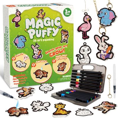 3D Art Craft Magic Puffy Paint Kit - Magic Foam Texture Painting Kit, with 15 Canvas Sponge, 12 Colored Pens, 2 Water Pens, 6 Keychains, Easy, Mess-Free Creative Fun (Green)