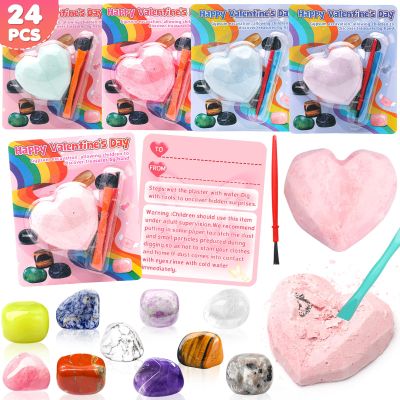 24 Pack Valentines Gemstones Dig Kit for KidsValentines Cards with Gems Crystal Excavation, School Classroom Valentines Exchange Gifts,Party Favors for Boys and Girls
