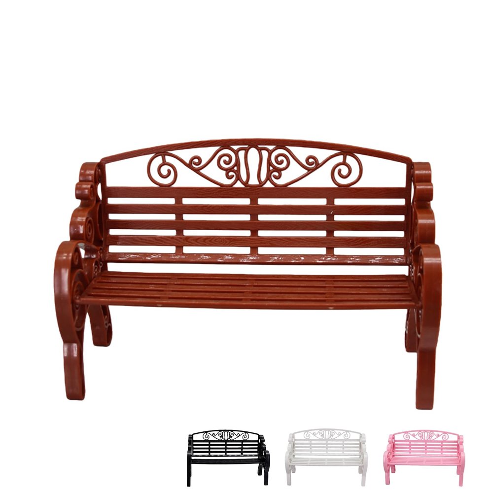 1:6 Miniature Garden Bench, Decorative Plastic Doll Furniture, Park Bench with Scrollwork Design (Brown)