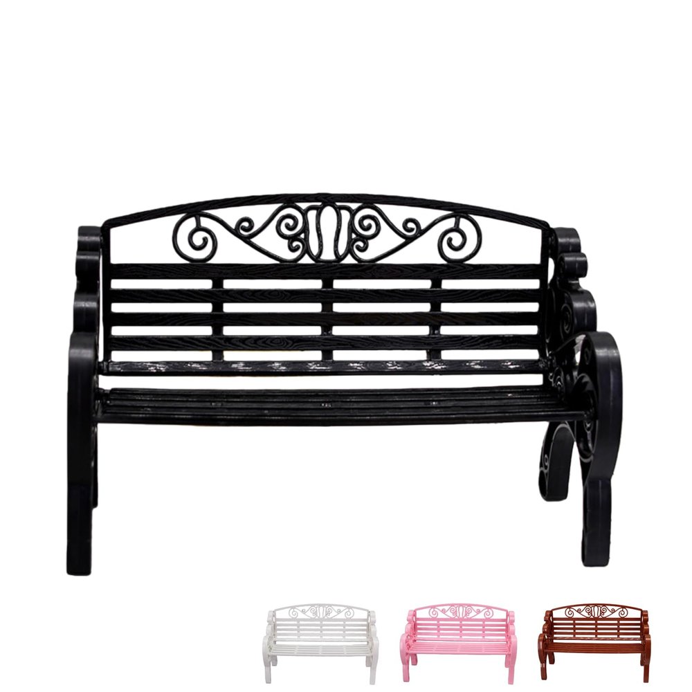 1:6 Miniature Garden Bench, Decorative Plastic Doll Furniture, Park Bench with Scrollwork Design (Black)