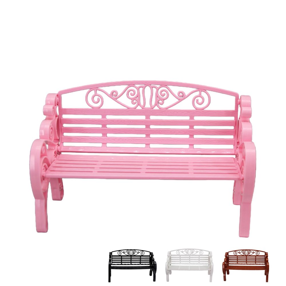 1:6 Miniature Garden Bench, Decorative Plastic Doll Furniture, Park Bench with Scrollwork Design (Pink)