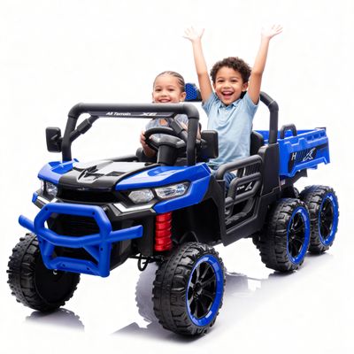 24V 2-Seater Ride-On Dump Truck  4WD 6-Wheel Electric UTV with Remote Control, LED Lights, Music, Suspension, Electric Dump Bed & Toy Shovel (Blue)
