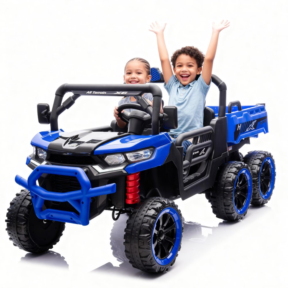 24V 2-Seater Ride-On Dump Truck  4WD 6-Wheel Electric UTV with Remote Control, LED Lights, Music, Suspension, Electric Dump Bed & Toy Shovel (Blue)