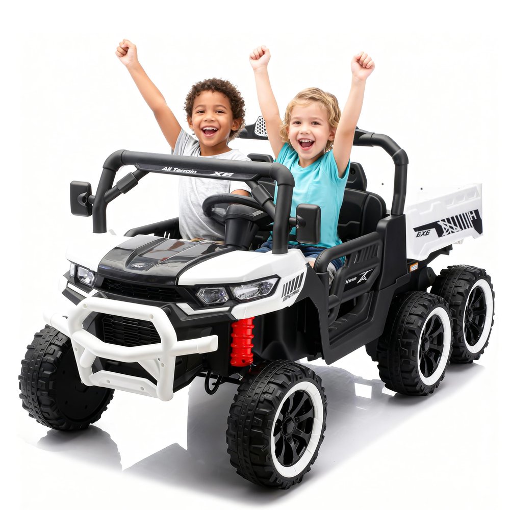 24V 2-Seater Ride-On Dump Truck  4WD 6-Wheel Electric UTV with Remote Control, LED Lights, Music, Suspension, Electric Dump Bed & Toy Shovel (White)