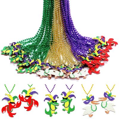 Ecally 30 Pcs Mardi Gras Beads Necklace Parade Throw Green Purple Gold Alligator Crawfish Pelican Bead Necklace Bulk with Pendant for Carnival Party Cosplay Costume Accessories Mardi Gras Parade Throw