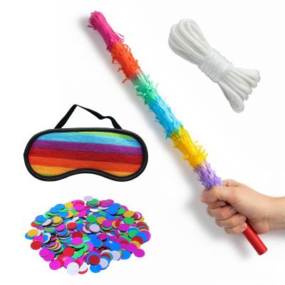 Pinata Stick Set, 4-Piece Piata Kit with Blindfold and Pull String, Suitable for Adults Can Have Fun at Any Party, Fun Toy for Birthday Parties, Family Gatherings (Rainbow)