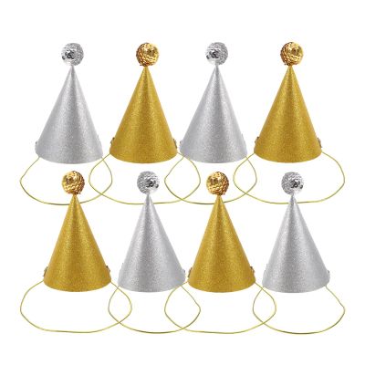Abaodam 8pcs Birthday Party Cone Hats with Gold Silver Glitter Pom Poms Mini Celebration Headwear for Boy Girl and Photo Props for Festive Events
