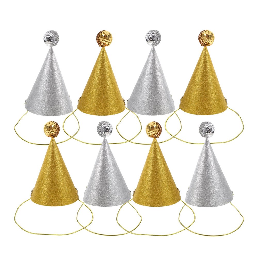 Abaodam 8pcs Birthday Party Cone Hats with Gold Silver Glitter Pom Poms Mini Celebration Headwear for Boy Girl and Photo Props for Festive Events