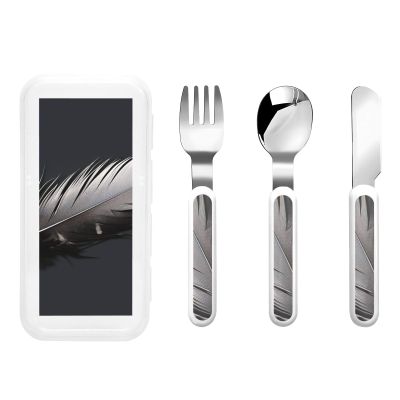 3-Piece Kids Silverware Set, Stainless Steel Reusable Children Safe Knife Spoon Fork Set With Storage Case Black Feather Children Flatware Set For Kids Lunch Box