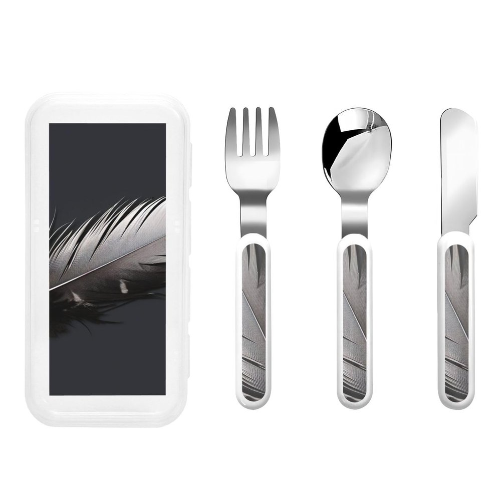 3-Piece Kids Silverware Set, Stainless Steel Reusable Children Safe Knife Spoon Fork Set With Storage Case Black Feather Children Flatware Set For Kids Lunch Box