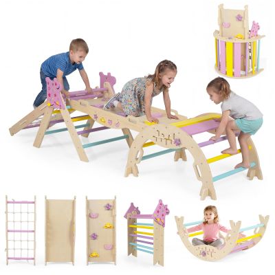 HONEY JOY Pikler Triangle Set, 9 in 1 Foldable Wooden Triangle Climber w/Arch, Ramp, Climbing Rope & Ladder, Baby Indoor Playground Jungle Gym, Montessori Climbing Toy for Toddlers (Purple)