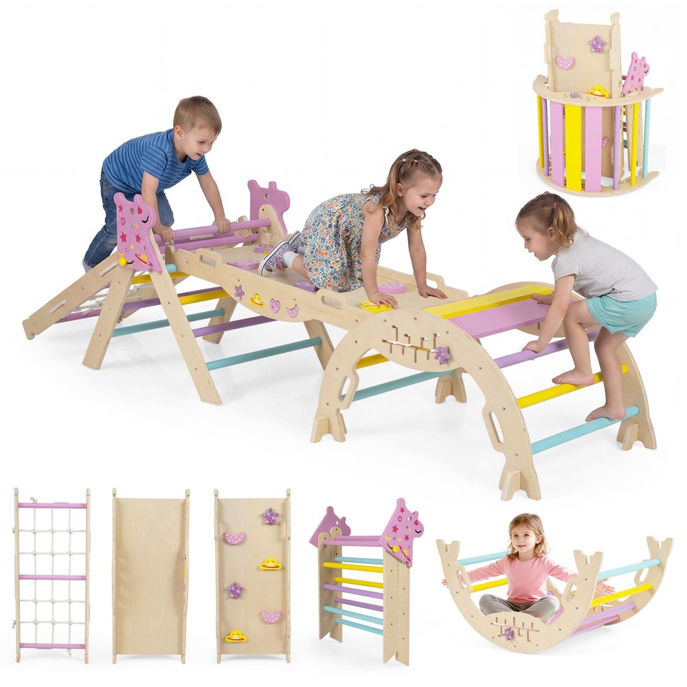 HONEY JOY Pikler Triangle Set, 9 in 1 Foldable Wooden Triangle Climber w/Arch, Ramp, Climbing Rope & Ladder, Baby Indoor Playground Jungle Gym, Montessori Climbing Toy for Toddlers (Purple)