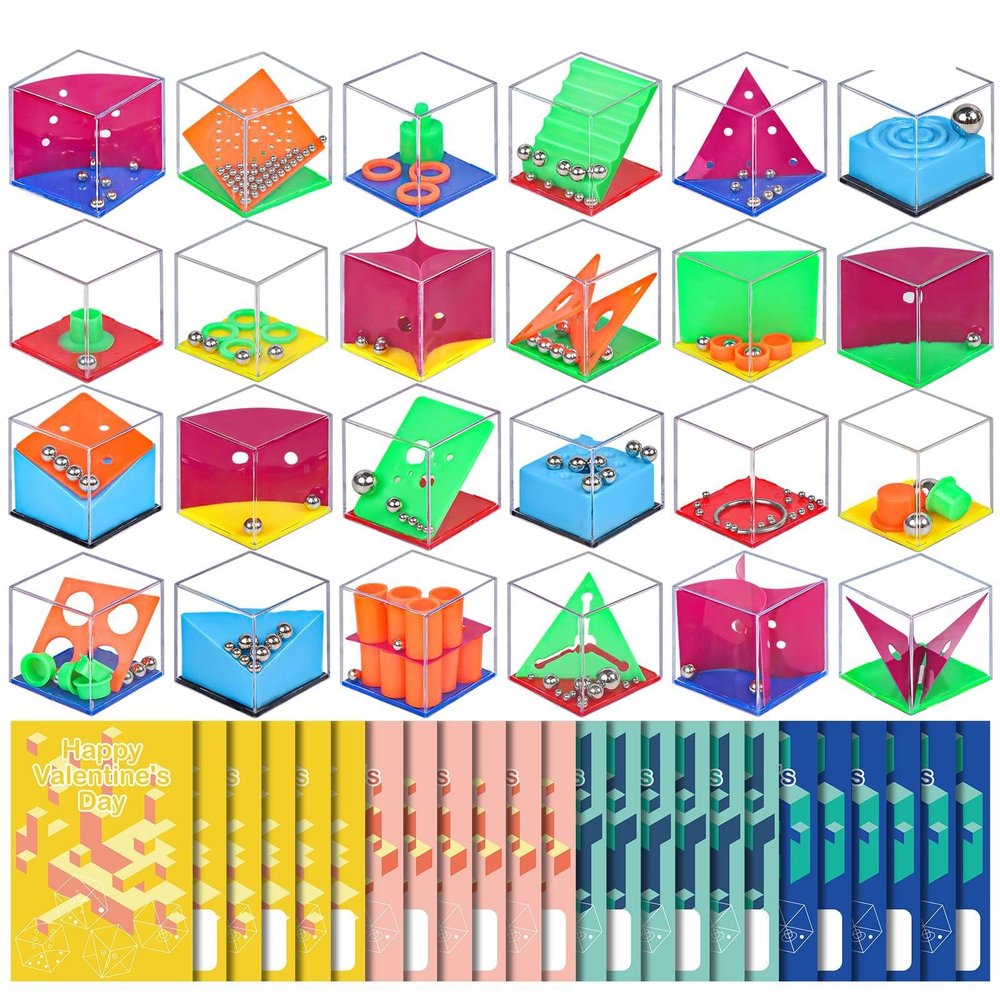 24 Pcs Valentines Day Gift Party Favors Mini Maze Puzzle Cubes Set Cards Handheld 3D Brain Teaser Balance Fidget Games School Exchanges Classroom Prizes Goodie Bags Stuffers for Kids Teens Adults