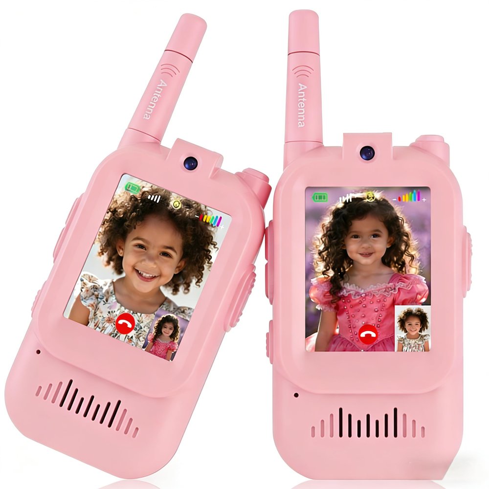 Video Walkie Talkie Toys for Age 3-12 Boys Girls, 2 Pack Rechargeable Walkie Talkies with Screen,Long Range 2 Way Radio with 4 Voice Effects, (Pink-Pink)