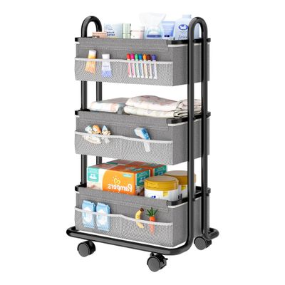 3-Tier Baby Diaper Caddy Organizer Cart, Mobile Nursery Storage Carts with Wheels, 3 Dividers & 6 Mesh Pockets Durable Metal Utility Cart for Nursery, Bedroom, Bathroom, Baby Essentials Organization