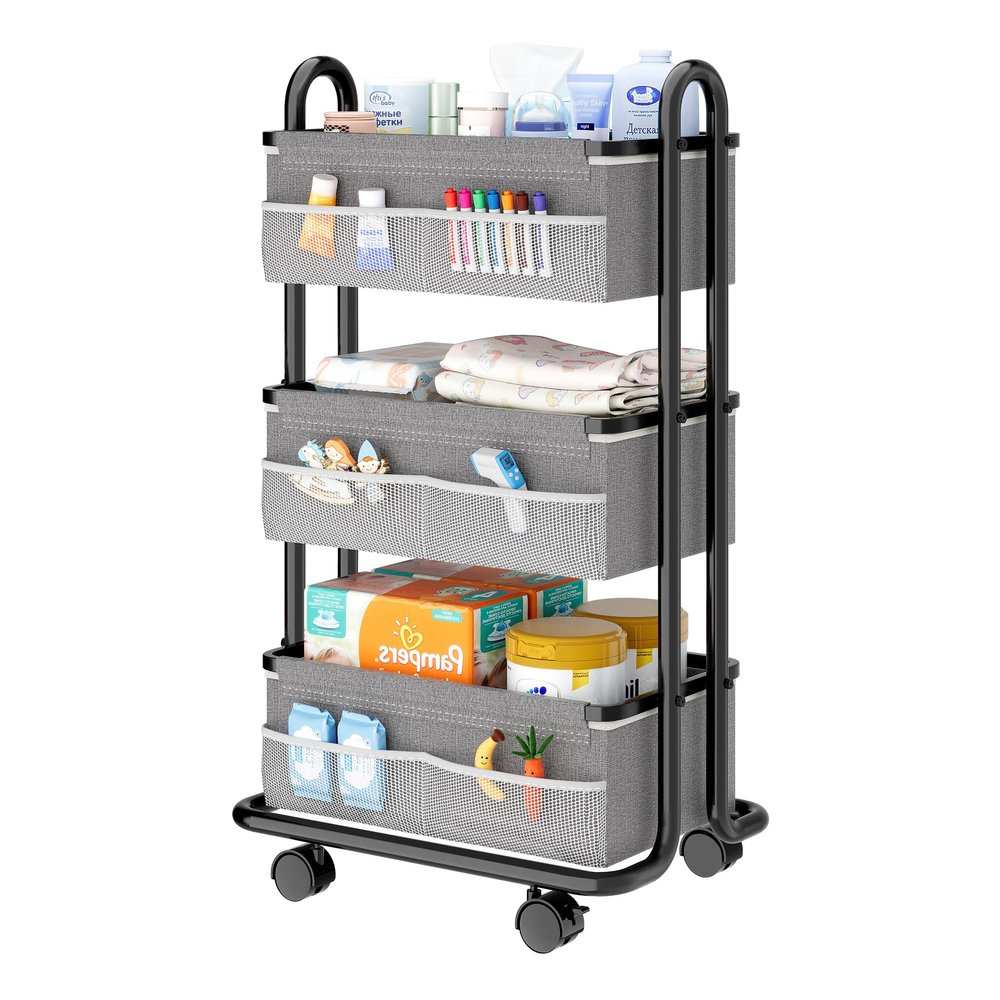 3-Tier Baby Diaper Caddy Organizer Cart, Mobile Nursery Storage Carts with Wheels, 3 Dividers & 6 Mesh Pockets Durable Metal Utility Cart for Nursery, Bedroom, Bathroom, Baby Essentials Organization