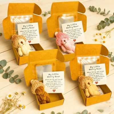 4pcs Bear in A Box with A Hat, Pocket Bear, with Inspirational Card, Cute Bears Stuffed Animal, Kids Collectible Doll, for School Birthday Nursery Bedrooms Christmas