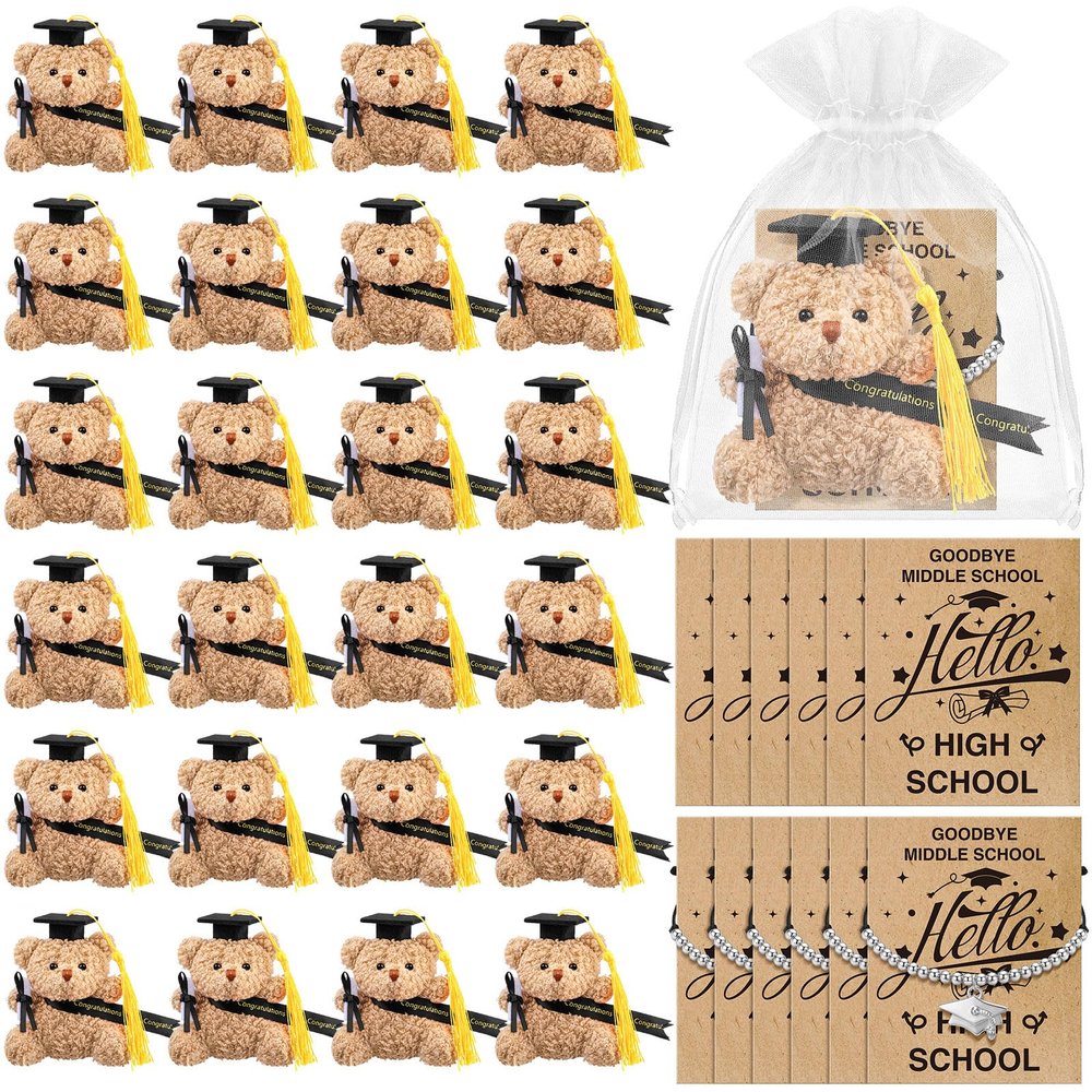 25 Sets Mini Middle School Graduation Bear 8th Grade Graduation Gifts Bulk Include Mini Stuffed Bear Bracelet Organza Bag Hello High School Card for 8th Students Class of 2026 Party Favors(Black)